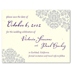 Save the Date cards on Seed Paper ~Damask by ForeverFiances Weddings (Deep Purple, Cream, French Gray)