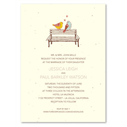 Doves in Love Wedding Invitations on seeded paper (Birds on a park bench)