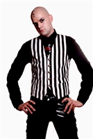 Steam Vest Black and White - This Men's Vest is A Steampunk Victorian Vest in our Black and white Striped fabric . It features an Adjustable Buckle on the back Side and front pockets.