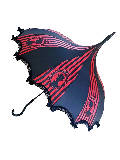 This beautiful umbrella has a red and black design pattern. And features lace and bow details and hook-style handle.