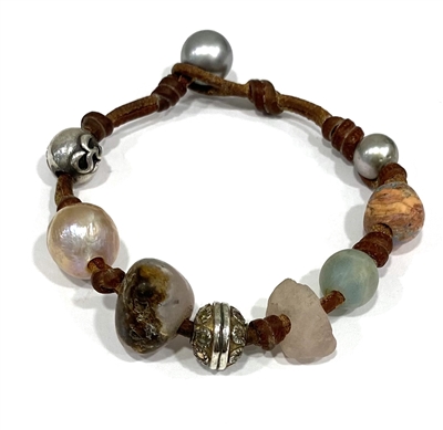 photo of Wendy Mignot Pearl and Leather Precious Stones Gypsy Bracelet 1