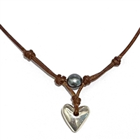 photo of Wendy Mignot Heart & Soul Tahitian Pearl and Leather with Silver Heart Grove Necklace