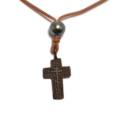 photo of Wendy Mignot Byzantine Traditional Cross and Tahitian Pearl and Leather Necklace