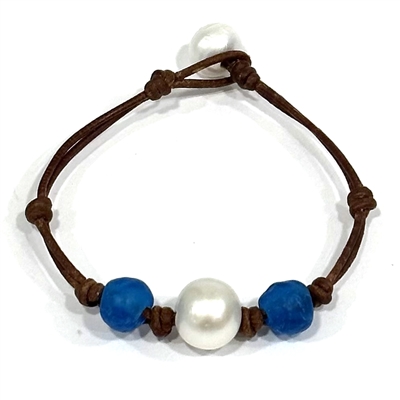 photo of Wendy Mignot Blue Mountain Beach Royal Blue Sea Glass and Pearl and Leather Bracelet