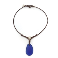 photo of Wendy Mignot Coastline Grove Royal Blue Sea Glass Pearl and Leather Necklace