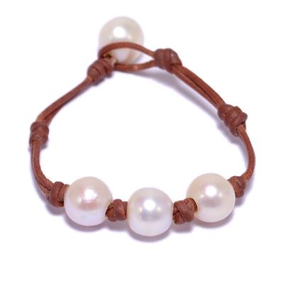 photo of Wendy Mignot Daisy Three Pearl Freshwater Pearl and Leather Bracelet with Knots