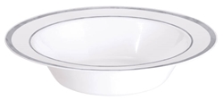 Premium 12oz Plastic White Bowls w/Metallic Silver Trim | Party Supplies