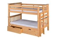 Santa Fe Mission Low Bunk Bed Twin over Twin - Bed End Ladder - Natural Finish - with Under Bed Drawers