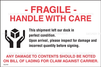 DL3191 <br> FRAGILE HANDLE WITH CARE <br> 4" X 6"