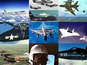 Color photos of North American F-86 and F-100 fighters, an X-15 rocket plane, and B-47, B-58, F-105 and XB-70 bombers