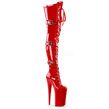 Red Stretch Patent 10 Inch Heel Buckles Boot