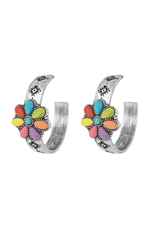 S1-3-3-AE5577-SBMT - FLOWER WESTERN CONCHO HOOP EARRINGS-BURNISH SILVER MULTICOLOR/1PC (NOW $4.00 ONLY!)