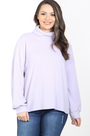 C32-A-1-T1586X LAVENDER COWL TURTLE NECK BACK V-NECK CUT CUFFED LONG SLEEVE PLUS SIZE TOP 3-2-1