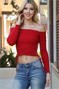 S14-9-3-T0278-RED OFF SHOULDER TUNNEL DETAIL CROP RIB TOP 2-2-2