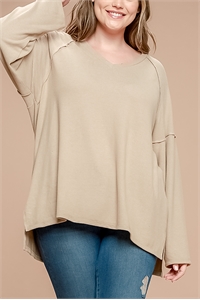 S4-9-1-T12029X-TAUPE PLUS SIZE REVERSE COVERSTITCHED DETAIL TOP 2-2-2