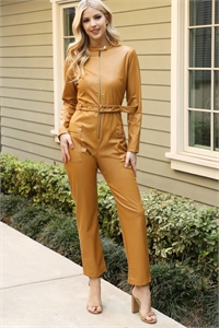 S12-5-2-O4089-CAMEL FRONT ZIPPED OVERALL LEATHER JUMPSUIT 1-1-1-1