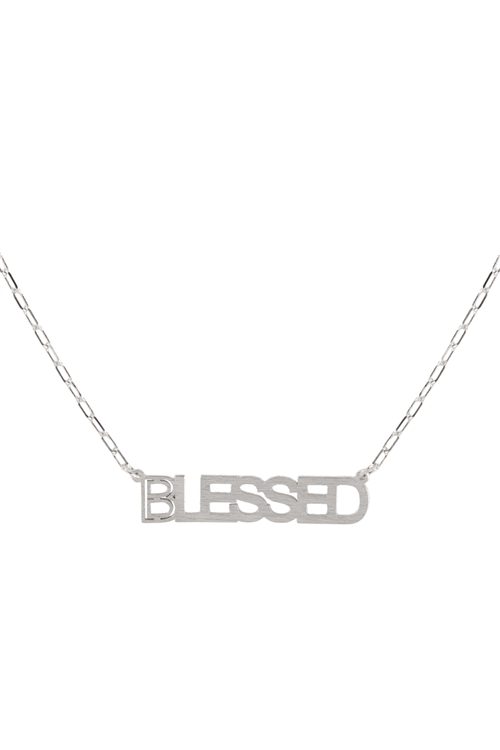SA3-2-3-DNB134BLBS - "BLESSED" CUT OUT LETTER BRASS PENDANT NECKLACE- BURNISH SILVER/1PC (NOW $2.75 ONLY!)