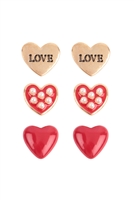SA4-3-3-EE2007GDRED - HEART EPOXY PEARL LOVE 3 PAIR VALENTINE EARRINGS - GOLD RED/1PC