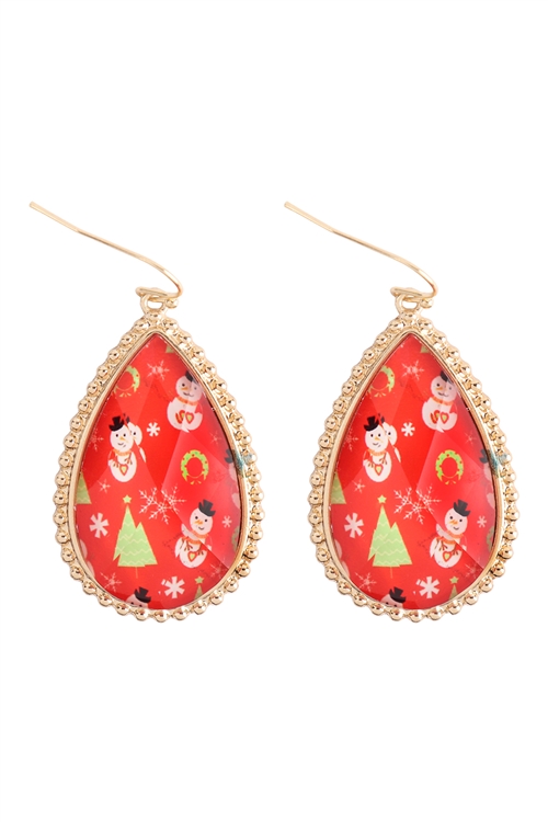 S7-4-3-FE5996GDRED - CHRISTMAS SNOW MAN EPOXY TEARDROP FISH HOOK EARRINGS-GOLD RED/1PC (NOW $1.25 ONLY!)