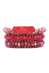 S19-7-1-HDB3803RD - DRUZY, RHINESTONE, RONDELLE BEADS MIX STACKABLE BRACELET SET-RED/6PCS (NOW $2.75 ONLY!)