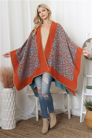 S2-P2-HDF3987TQ - BORDER LINE LEOPARD PRINT WARMER OPEN FRONT KIMONO-TURQUOISE/6PCS (NOW $8.75 ONLY!)