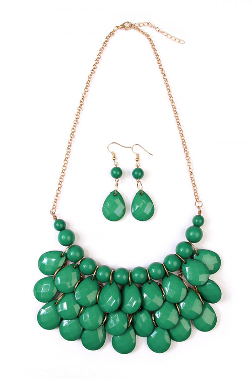 S21-5-1/S20-3-3-HDN1212CGR GREEN TEARDROP BUBBLE BIB NECKLACE AND EARRING SET/6SETS