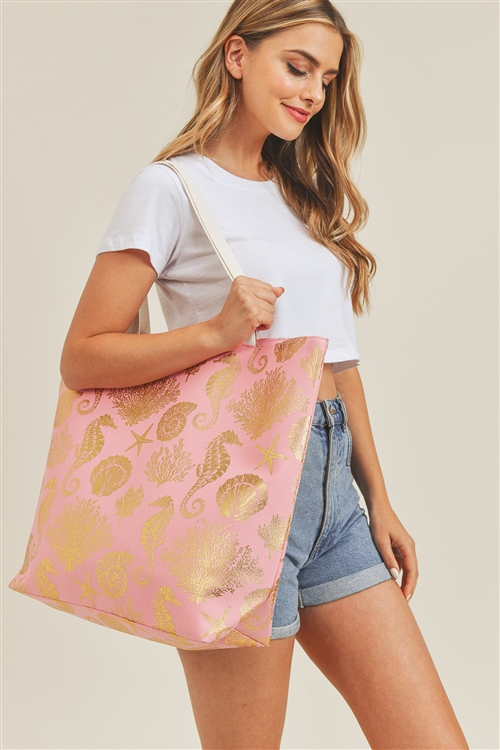 S23-1-2-MB0137PK-1 - GOLD FOIL SEA LIFE TOTE BAG - PINK GOLD/1PC (NOW $6.75 ONLY!)