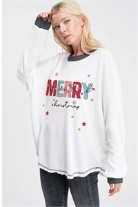 S38-1-1-PL-T808G12496-1-IVCHL - MERRY PRINT WAFFLE KNIT NECK BAND CONTRAST TOP- IVORY/CHARCOAL 2-2-2