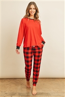 S8-1-4-PPP4001-RLRDBK - SOLID TOP AND PLAID JOGGERS SET WITH SELF TIE- REAL RED/BLACK 1-2-2-2