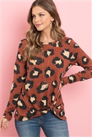 S4-2-1-PPT2047-RST - LONG SLEEVE ROUND NECK LEOPARD KNOT TOP- RUST 1-2-2-2
