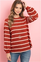 S4-3-2-PPT2052-RSTWT - STRIPED LONG SLEEVED ROUND NECK SWING TOP- RUST/WHITE 1-2-2-2