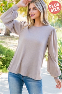 S6-9-4-PPT20533X-TP - PLUS SIZE PUFF SLEEVE ROUND NECK BELLA RIB TOP- TAUPE 3-2-1
