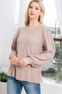 S7-1-3-PPT20540-TP - WAFFLE BRUSHED PUFF SLEEVED ROUND NECK TOP- TAUPE 1-2-2-2