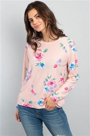 S11-16-4-PPT2059-PK - FLORAL LONG SLEEVED ROUND NECK TOP- PINK 1-2-2-2