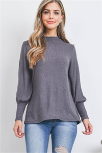 S11-20-4-PPT21174-CHL-1 - PUFF SLEEVE MOCK NECK TOP- CHARCOAL 0-1-2-2