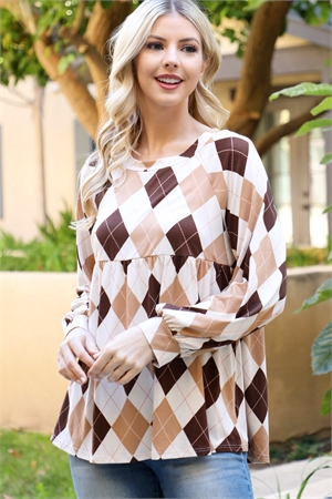 S12-12-2-PPT21596-TPBWN - LONG PUFF SLEEVE CHECKER PLAID TOP- TAUPE/BROWN 1-2-2-1