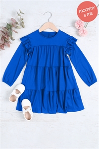 S12-12-4-YMD10024TKV-BLRYL - KIDS LONG SLEEVE RUFFLE DETAIL SOLID DRESS- BLUE ROYAL 1-1-1-1-1-1-1-1 (NOW $5.25 ONLY!)