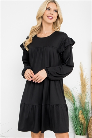 S5-1-2-YMD10024V-BK - LONG SLEEVE RUFFLE DETAIL SOLID DRESS- BLACK 1-1-1-1 (NOW $5.75 ONLY!)