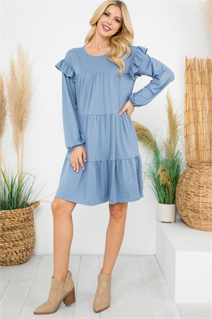 S8-1-3-YMD10024V-DSTBL - LONG SLEEVE RUFFLE DETAIL SOLID DRESS- DUSTY BLUE 1-1-1-1 (NOW $5.75 ONLY!)