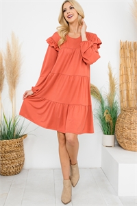 SA3-00-2-YMD10024V-TRCT - LONG SLEEVE RUFFLE DETAIL SOLID DRESS- TERRACOTA 1-1-1-1 (NOW $5.75 ONLY!)