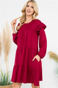 SA4-000-3-YMD10024V-WN - LONG SLEEVE RUFFLE DETAIL SOLID DRESS- WINE 1-1-1-1 (NOW $5.75 ONLY!)