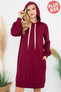 S8-8-2-YMD10061XV-OXBLD - PLUS SIZE  FRENCH TERRY LONG PUFF SLEEVE HOODIE DRESS- OXBLOOD 3-2-1