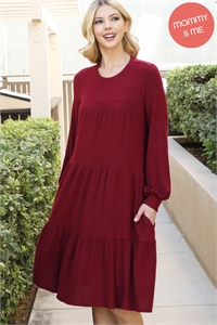 S8-8-3-YMD10064V-RBDK - PUFF LONG SLEEVE TIERED HACCI BRUSHED DRESS- RUBY DK 1-1-1-1