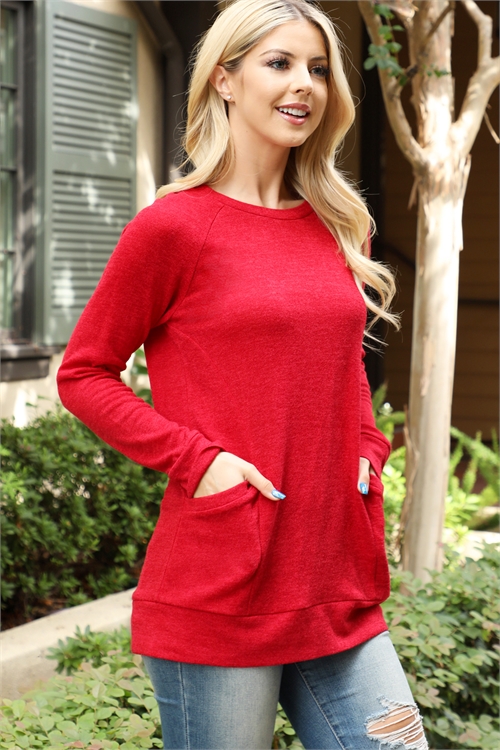 S11-8-1-YMT20078V-RD - KNIT FRONT POCKET LONG SLEEVED TOP- RED 1-1-1-1