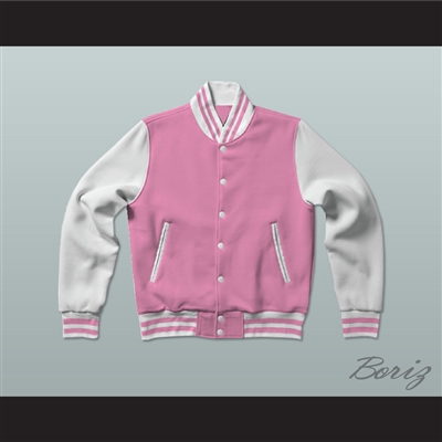 Pink and White Varsity Letterman Jacket-Style Sweatshirt