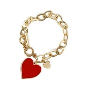 Gold Link Toggle Bracelet with Red Enamel Heart Drop