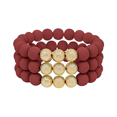 Set of Three Maroon Clay and Textured Gold Beaded Stretch Bracelets
