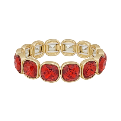 Red Squared Crystal and Gold Stretch Bracelet