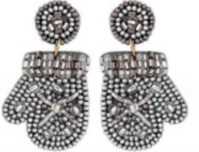 Christmas Silver/Grey Seed Bead Snow Mittens 2" Earring