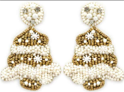 Christmas Tree White and Gold Seed Bead 2" Earring
